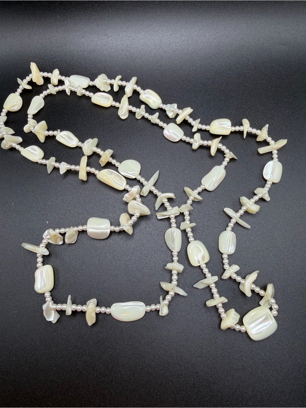 Mother of Pearl Beaded Necklace 48” #C310 MOP shells gorgeous!